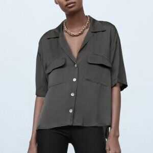 Zara Grey Viscose Satin Flowy Shell Button Front Notch Lapel Blouse Shirt Top XL